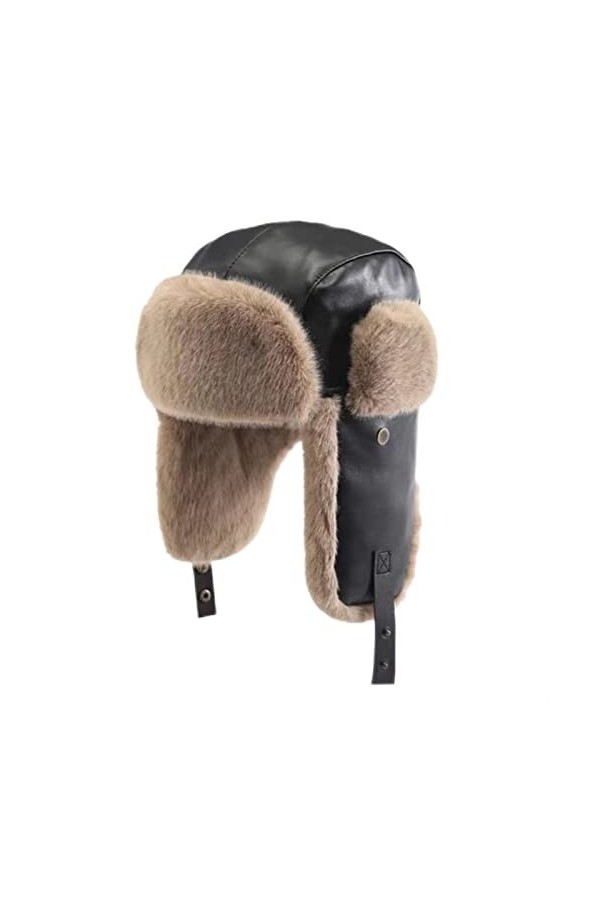 GIBZ Chapeau de Trappeur Femme Chapka Hiver Fausse Fourrure Trooper Bonnet Russe Casquette en Cuir, Gris