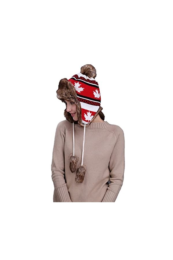 Volicph Bonnet daviateur en laine avec cache-oreilles pour femme - Bonnet tricoté - Bonnet pilote russe dhiver, Feuille bla