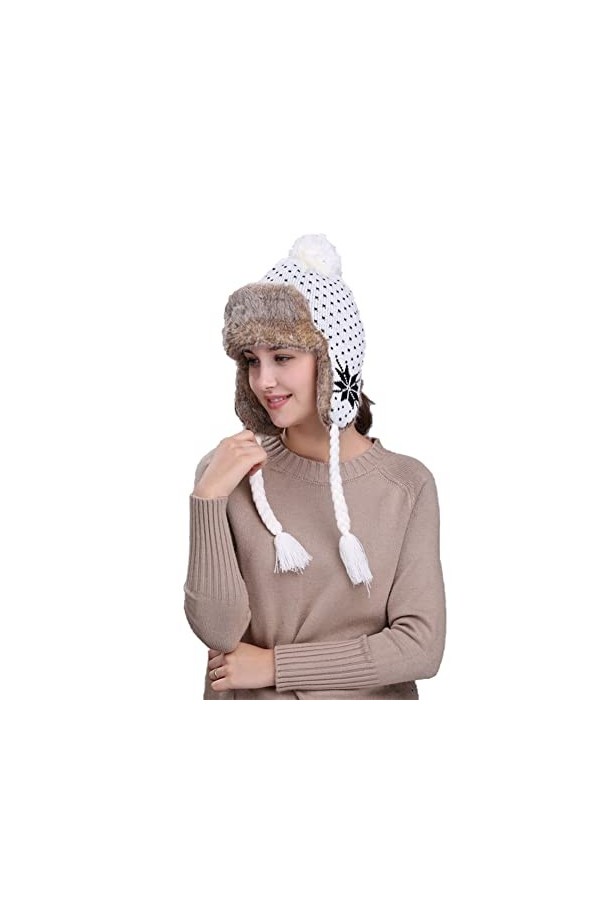 Volicph Bonnet daviateur en laine avec cache-oreilles pour femme - Bonnet tricoté - Bonnet pilote russe dhiver, Feuille bla