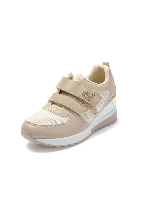 JOMIX Basket Scratch Femme Sneakers Wedge Chaussures Compensées Femme Chaussures de Sport Confortable Beige, 40 