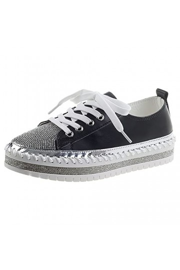 rismart Femmes Mode Plateforme Baskets Strass Low Top Lacets Extérieur Marche Chaussures Argent, 39 EU