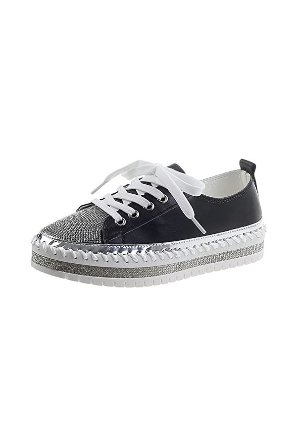 rismart Femmes Mode Plateforme Baskets Strass Low Top Lacets Extérieur Marche Chaussures Argent, 39 EU