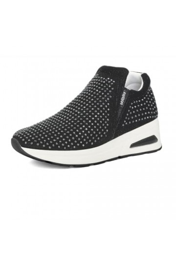 inblu Baskets pour femme unicolore en simili cuir avec paillettes, baskets slip on insert élastique, de 35 à 41, noir, 36 EU,