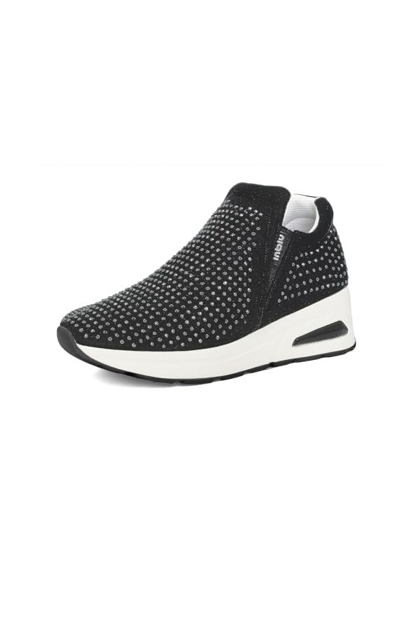 inblu Baskets pour femme unicolore en simili cuir avec paillettes, baskets slip on insert élastique, de 35 à 41, noir, 36 EU,