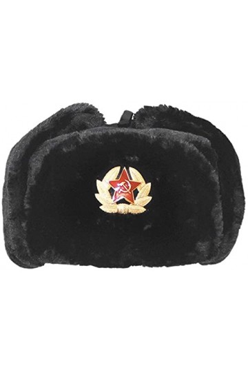 FAIRY TRENDZ LTD Chapeau de trappeur russe avec badge en fausse fourrure et rabats pour cosaque Ushanka, noir, Taille unique