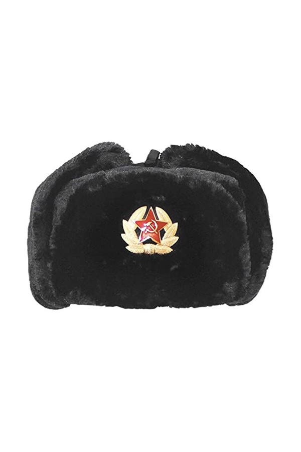 FAIRY TRENDZ LTD Chapeau de trappeur russe avec badge en fausse fourrure et rabats pour cosaque Ushanka, noir, Taille unique