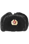 FAIRY TRENDZ LTD Chapeau de trappeur russe avec badge en fausse fourrure et rabats pour cosaque Ushanka, noir, Taille unique