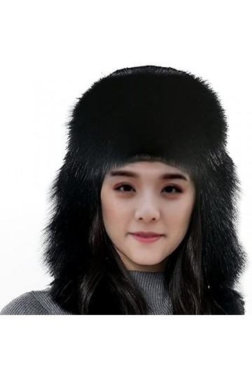 BeFur Bonnet bomber en fourrure de lapin pour femme - Avec pompon en fourrure de renard, Noir , Taille unique