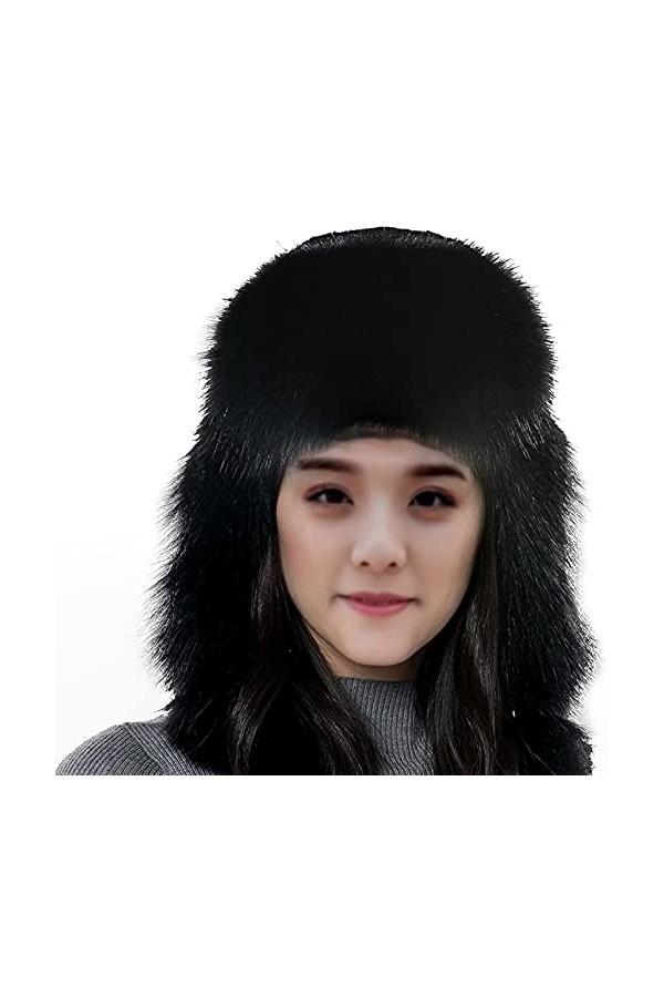 BeFur Bonnet bomber en fourrure de lapin pour femme - Avec pompon en fourrure de renard, Noir , Taille unique