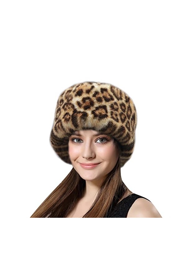 Lifup Femme Chapka en Fausse Fourrure, Toque de Style Russe, Casquette Hiver Léopard 3