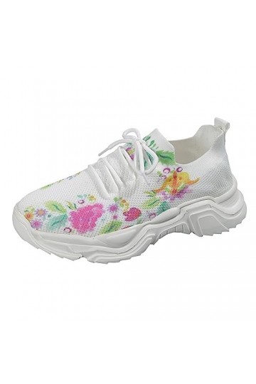 Coo2Sot Chaussure Femme Printemps 2024 Sport Décontracté Semelle Épaisse Dentelles Imprimé Floral Maille Respirante Chaussure
