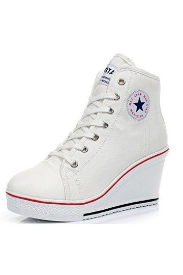 PADGENE Baskets Mode Compensées Montante Sneakers Tennis Chaussures Casuel Toile Femme Blanc,39 