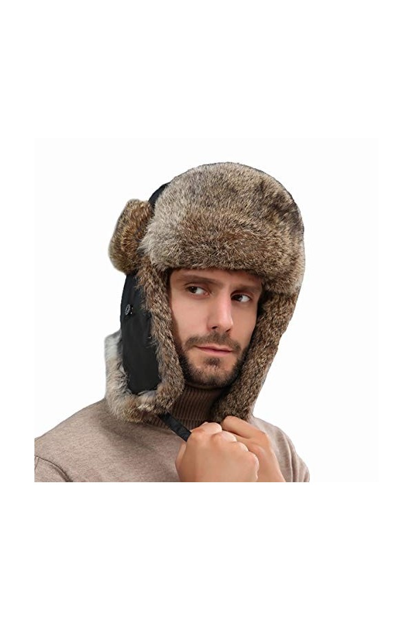 DTLDYG Vraie Fourrure de Lapin Chapeau Chapkas pour Hommes Femmes Hiver Chaud Kaki Clair, Taille de La tête-57-58cm 
