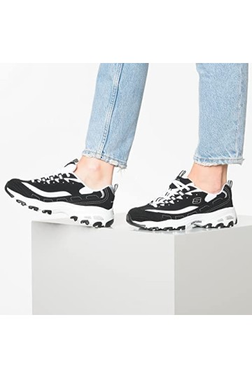 Skechers Femme DLites-Biggest Fan Baskets, Black Trubuck/White Mesh/Silver Trim BKW, 39 EU