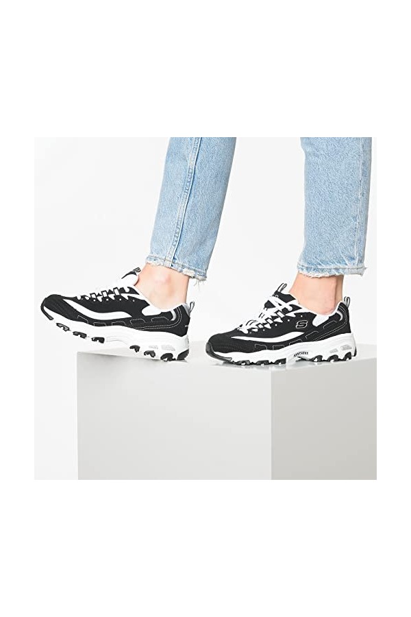 Skechers Femme DLites-Biggest Fan Baskets, Black Trubuck/White Mesh/Silver Trim BKW, 39 EU
