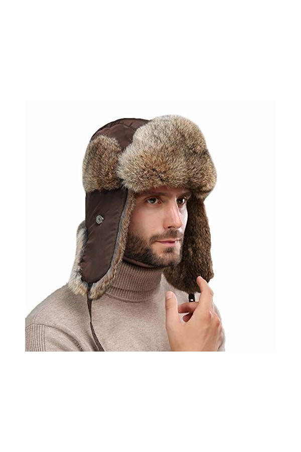 DTLDYG Vraie Fourrure de Lapin Chapeau Chapkas pour Hommes Femmes Hiver Chaud Kaki Clair, Taille de La tête-57-58cm 