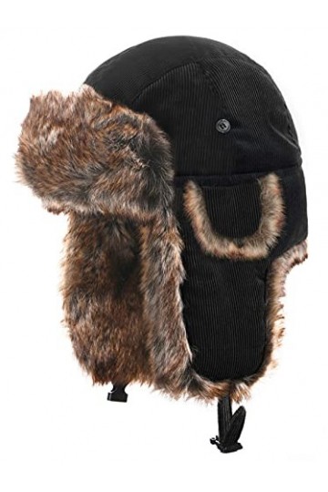Heavyoff Adulte Chapkas Velours Côtelé Chapeau de Trappeur Fausse Fourrure avec Rabats doreilles Noir M