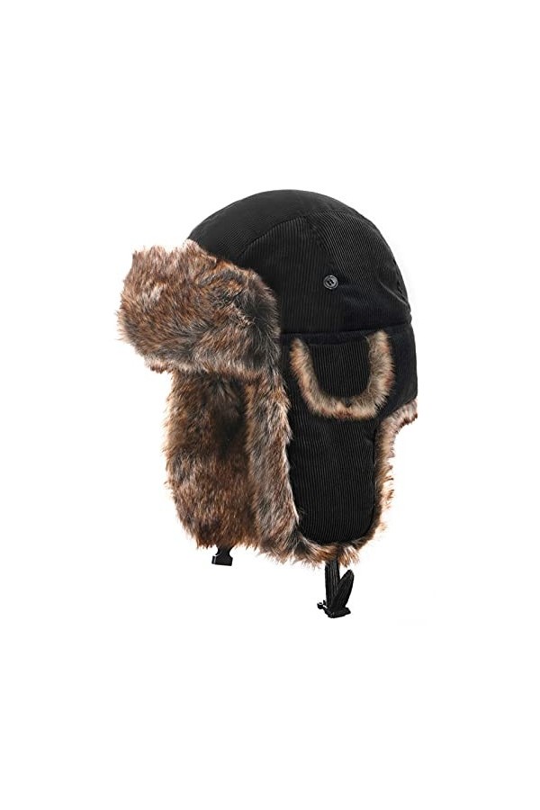 Heavyoff Adulte Chapkas Velours Côtelé Chapeau de Trappeur Fausse Fourrure avec Rabats doreilles Noir M