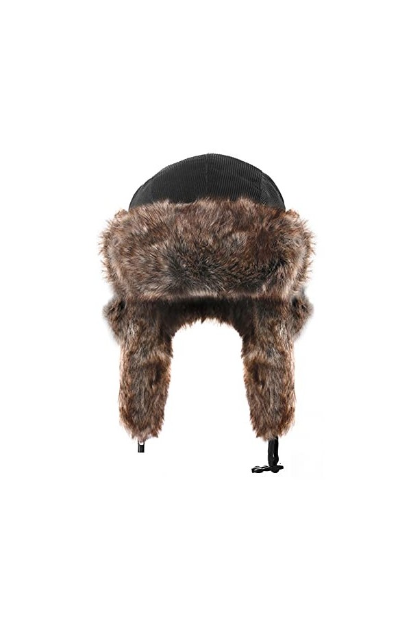 Heavyoff Adulte Chapkas Velours Côtelé Chapeau de Trappeur Fausse Fourrure avec Rabats doreilles Noir M