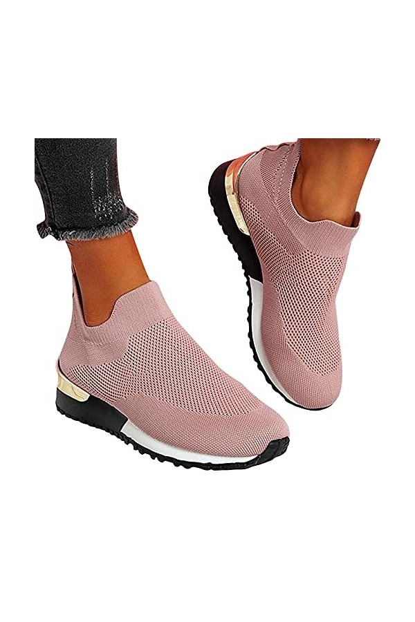 Chaussures Femme Ete Confortable Pas Cher Soldes Baskets Basses Plate Running Jogging Sport Respirant Mesh Chaussette Fille T