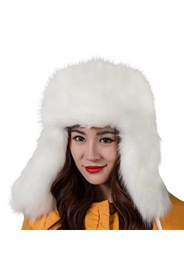 Walout Hiver Chapeau élégant Chapka Chaude en Fausse Fourrure Style Russe pour Homme Femme Casquettes,56-58cm Blanche 