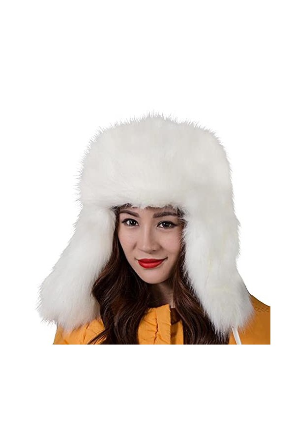 Walout Hiver Chapeau élégant Chapka Chaude en Fausse Fourrure Style Russe pour Homme Femme Casquettes,56-58cm Blanche 