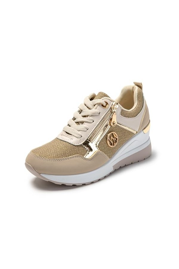 JOMIX Baskets Femmes Compensées Sneakers Casual Chaussures élégantes Confortable Respirant Marche Fitness Gymnastique Beige,