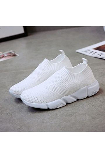 Basket de Marche Slip on pour Sneakers Femmes Chaussures de Running Confortable, Blanc, 37 EU