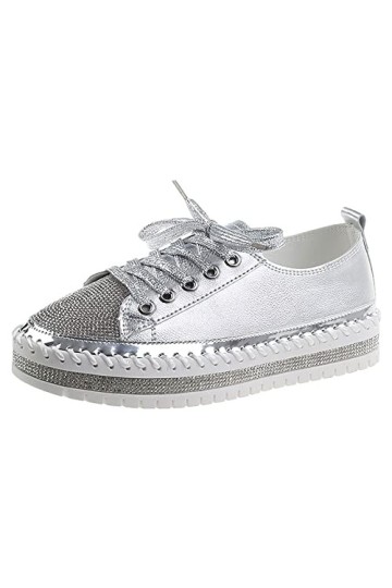 rismart Femmes Mode Plateforme Baskets Strass Low Top Lacets Extérieur Marche Chaussures Argent, 39 EU