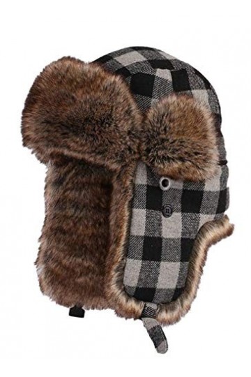 Insun Unisex Chapka Anti Vent Casquette dhiver Chapeaux avec Bordure en Fourrure Bonnet de Russie Plaid Gris XL Chapkas circ