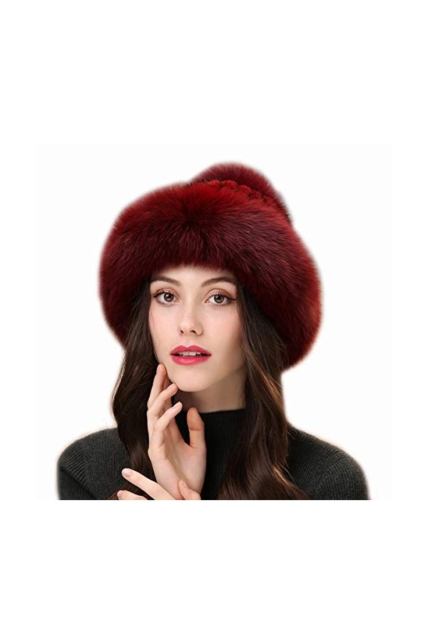 DTLDYG Femme Chapeau Chapkas Fourrure de Vison Véritable Casquette Bord de Fourrure de Renard Pom Pom Hiver Chaud Chapeau de 