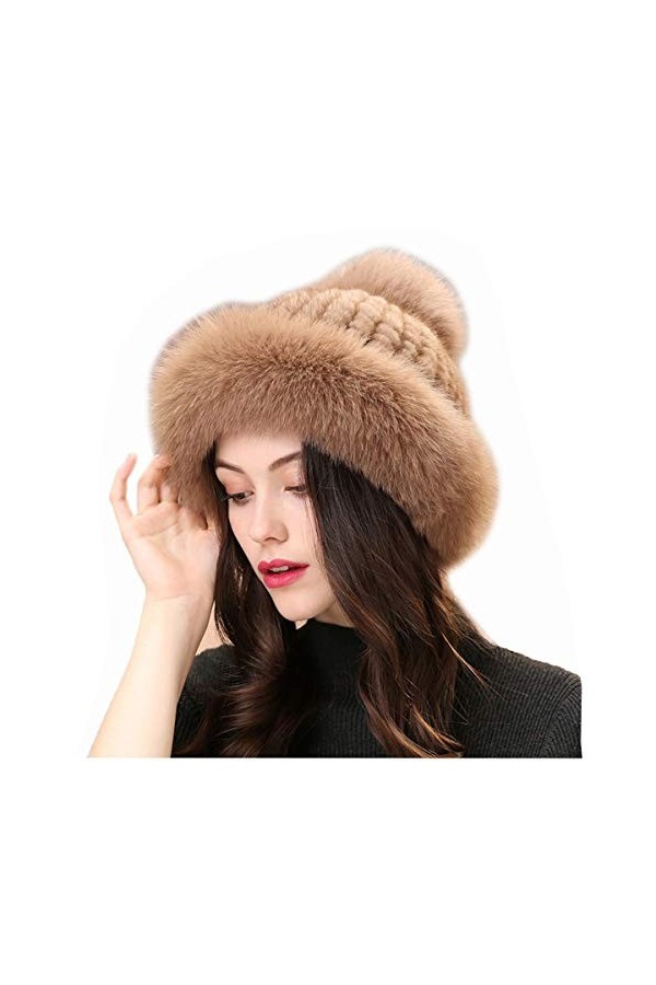 DTLDYG Femme Chapeau Chapkas Fourrure de Vison Véritable Casquette Bord de Fourrure de Renard Pom Pom Hiver Chaud Chapeau de 