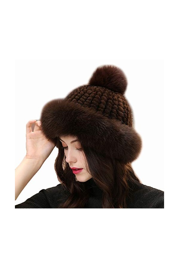 DTLDYG Femme Chapeau Chapkas Fourrure de Vison Véritable Casquette Bord de Fourrure de Renard Pom Pom Hiver Chaud Chapeau de 