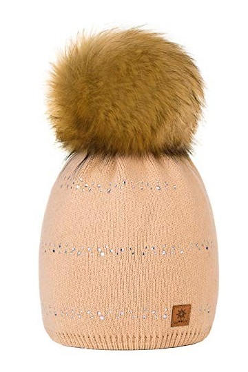 4sold Lady Bonnets Bonnet Fourré Hiver pour Femme Bonnet Tricoté et Gros Pompon Coloris Taille Unique Small Crystals Sequins 