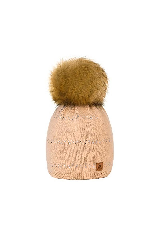 4sold Lady Bonnets Bonnet Fourré Hiver pour Femme Bonnet Tricoté et Gros Pompon Coloris Taille Unique Small Crystals Sequins 