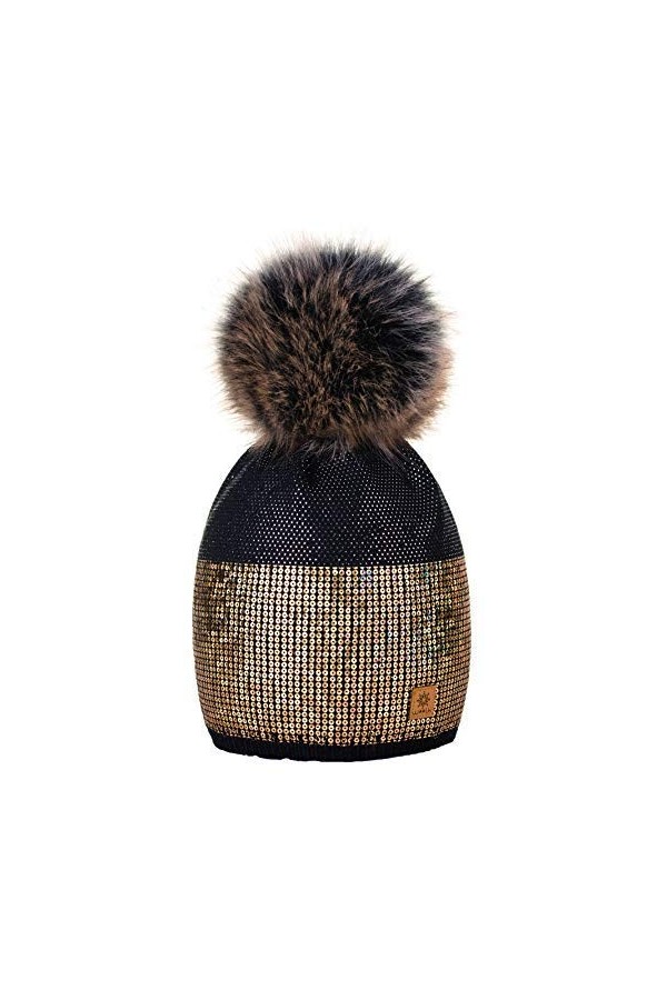 4sold Lady Bonnets Bonnet Fourré Hiver pour Femme Bonnet Tricoté et Gros Pompon Coloris Taille Unique Small Crystals Sequins 
