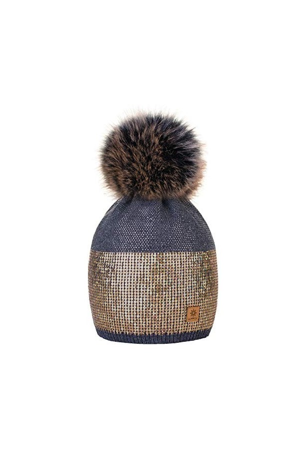 4sold Lady Bonnets Bonnet Fourré Hiver pour Femme Bonnet Tricoté et Gros Pompon Coloris Taille Unique Small Crystals Sequins 