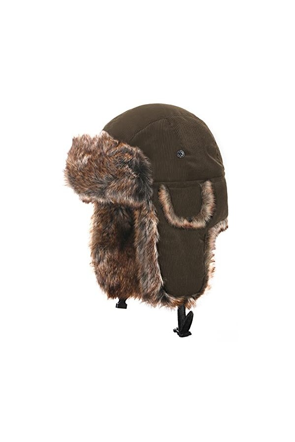 Heavyoff Adulte Chapkas Velours Côtelé Chapeau de Trappeur Fausse Fourrure avec Rabats doreilles Vert Profond M