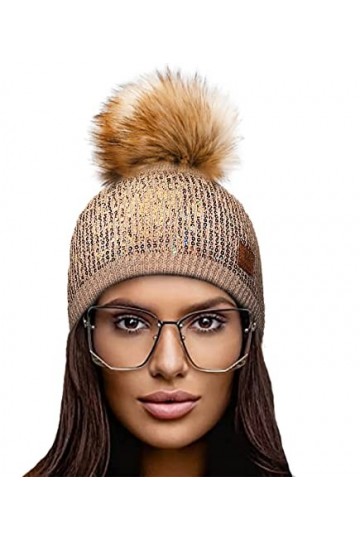 4sold Lady Bonnets Bonnet Fourré Hiver pour Femme Bonnet Tricoté et Gros Pompon Coloris Taille Unique Small Crystals Sequins 