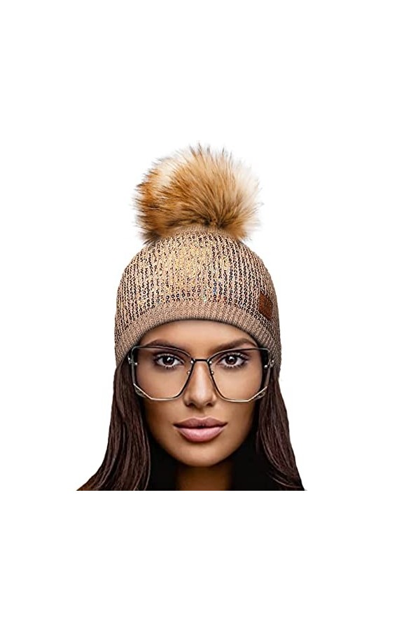 4sold Lady Bonnets Bonnet Fourré Hiver pour Femme Bonnet Tricoté et Gros Pompon Coloris Taille Unique Small Crystals Sequins 