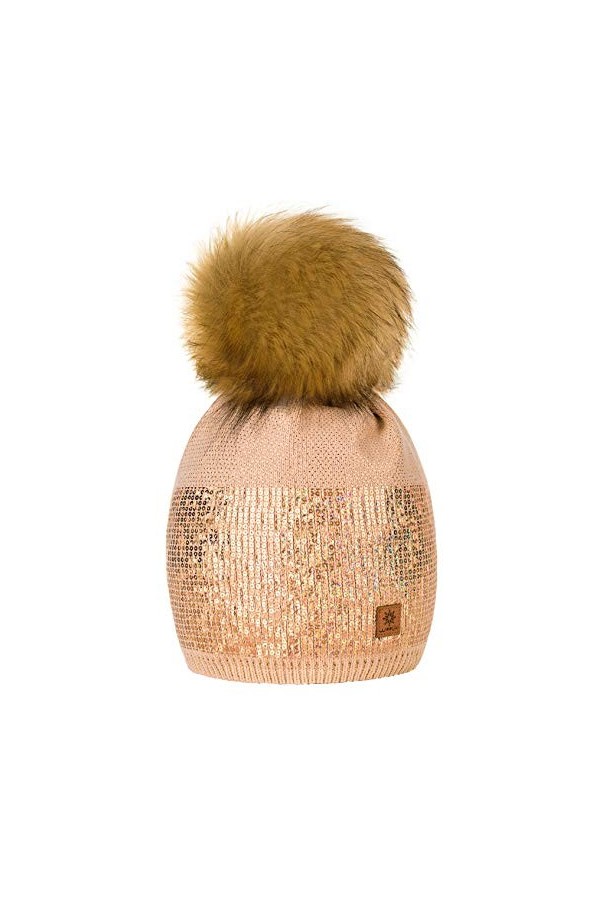 4sold Lady Bonnets Bonnet Fourré Hiver pour Femme Bonnet Tricoté et Gros Pompon Coloris Taille Unique Small Crystals Sequins 