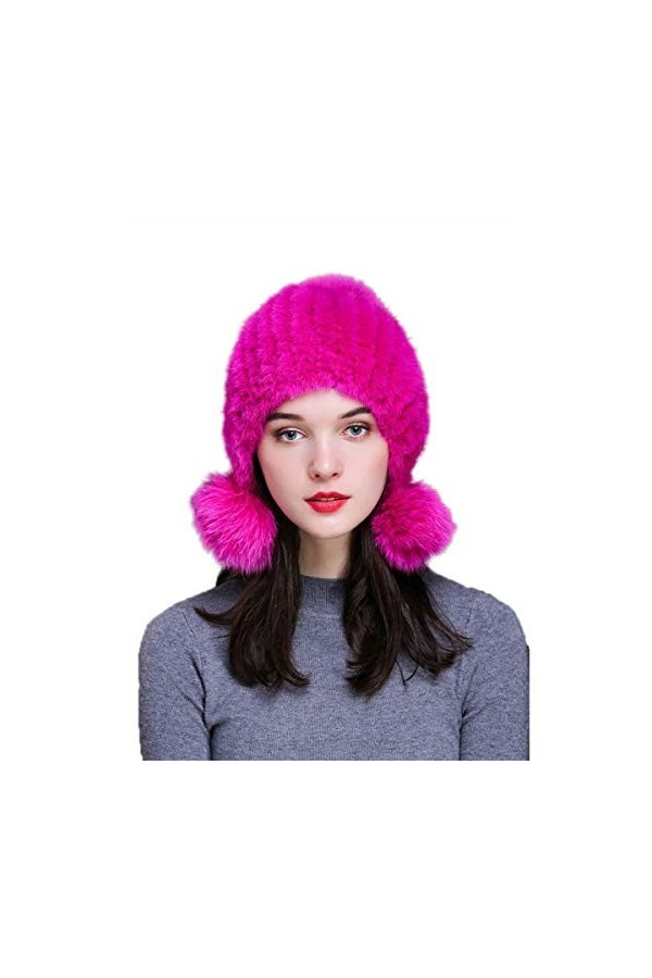 KAISHIN Hiver véritable Fourrure Bomber Chapeaux Femmes tricoté Vison Fourrure Pompon Chapeaux Renard Fourrure Cache-Oreilles