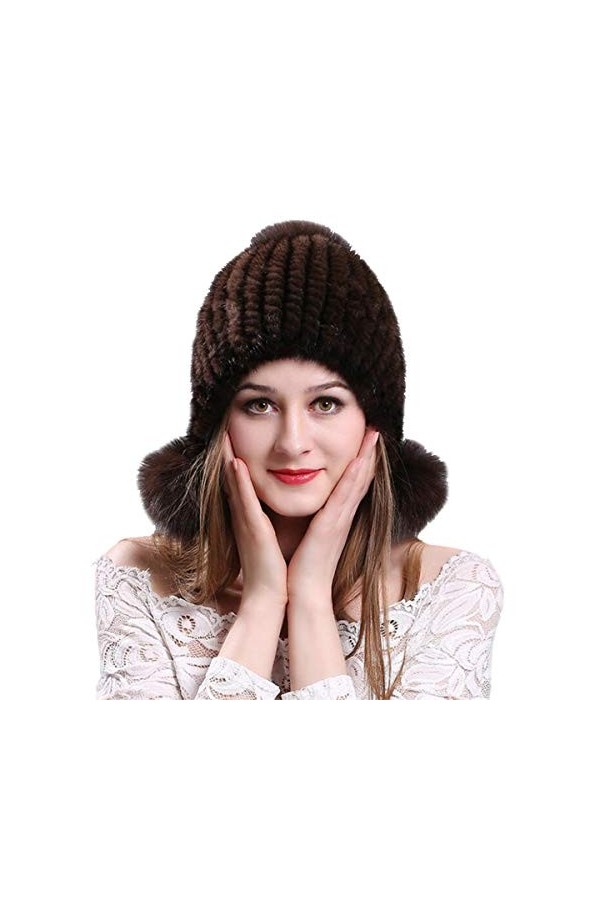 KAISHIN Hiver véritable Fourrure Bomber Chapeaux Femmes tricoté Vison Fourrure Pompon Chapeaux Renard Fourrure Cache-Oreilles