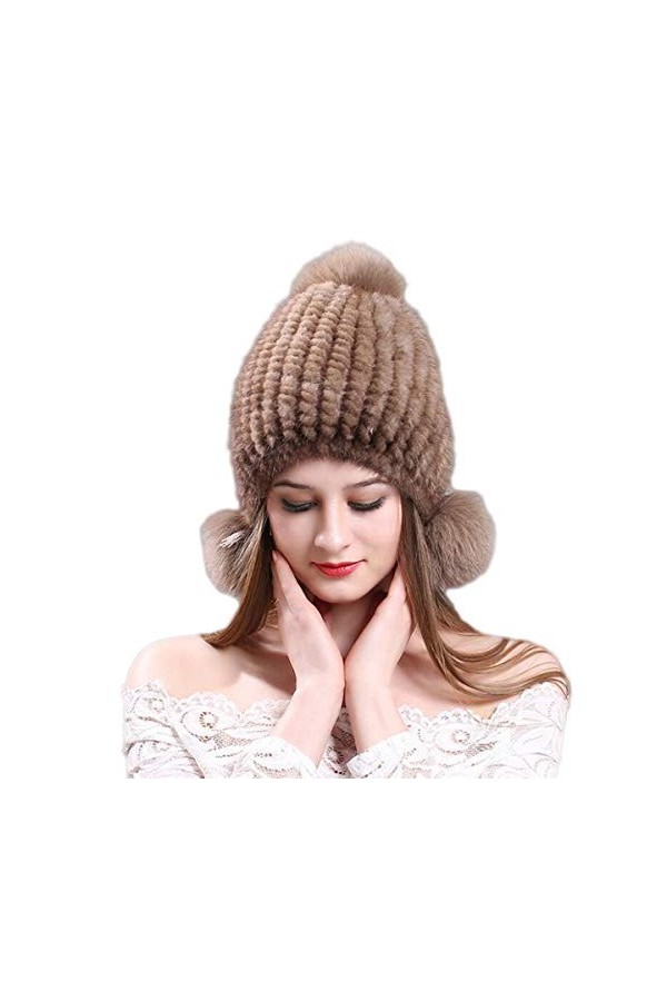 KAISHIN Hiver véritable Fourrure Bomber Chapeaux Femmes tricoté Vison Fourrure Pompon Chapeaux Renard Fourrure Cache-Oreilles