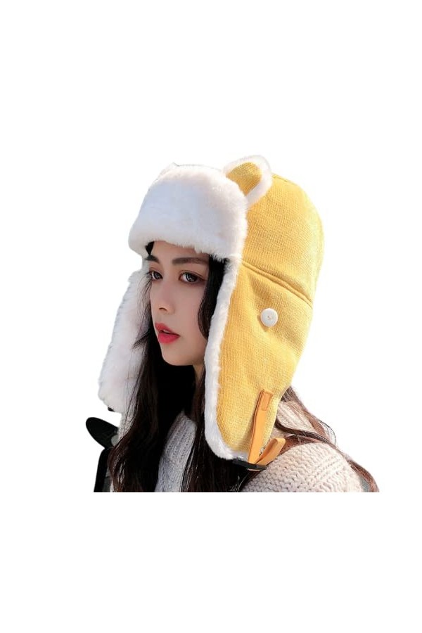Lot de 2 chapeaux dhiver pour femme avec cache-oreilles et oreilles dours Kawaii - Bonnet de ski aviateur trappeur Ushanka 