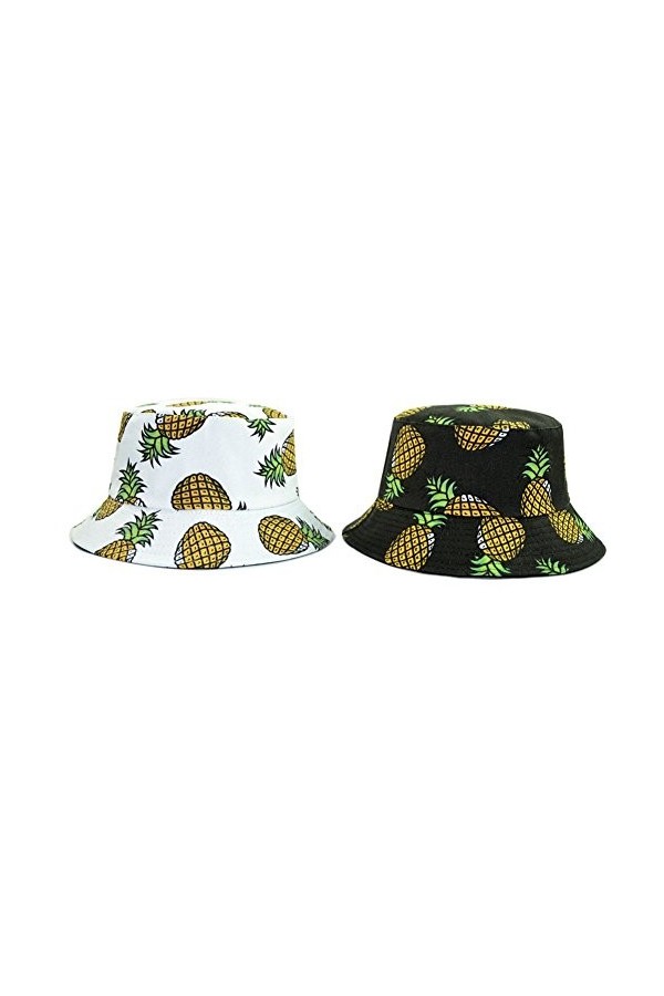 Hustar Unisexe Chapeau de Soleil de Pêcheur Fruit Imprimé Usage Double pour Plage Voyage Camping Randonnée Ananas Blanc