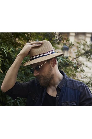Jeff & Aimy Chapeau Fedora en paille pour homme et femme, UPF 50+, chapeau de plage pliable à large bord, chapeau Panama UV, 