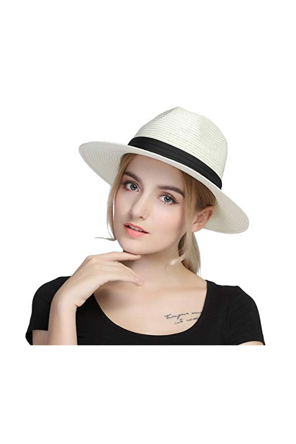 Taylormia Femme Panama Chapeau Été Chapeau de Soleil Chapeau de Paille Chapeau de Plage Anti-UV UPF 50+ Beige