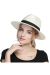 Taylormia Femme Panama Chapeau Été Chapeau de Soleil Chapeau de Paille Chapeau de Plage Anti-UV UPF 50+ Beige