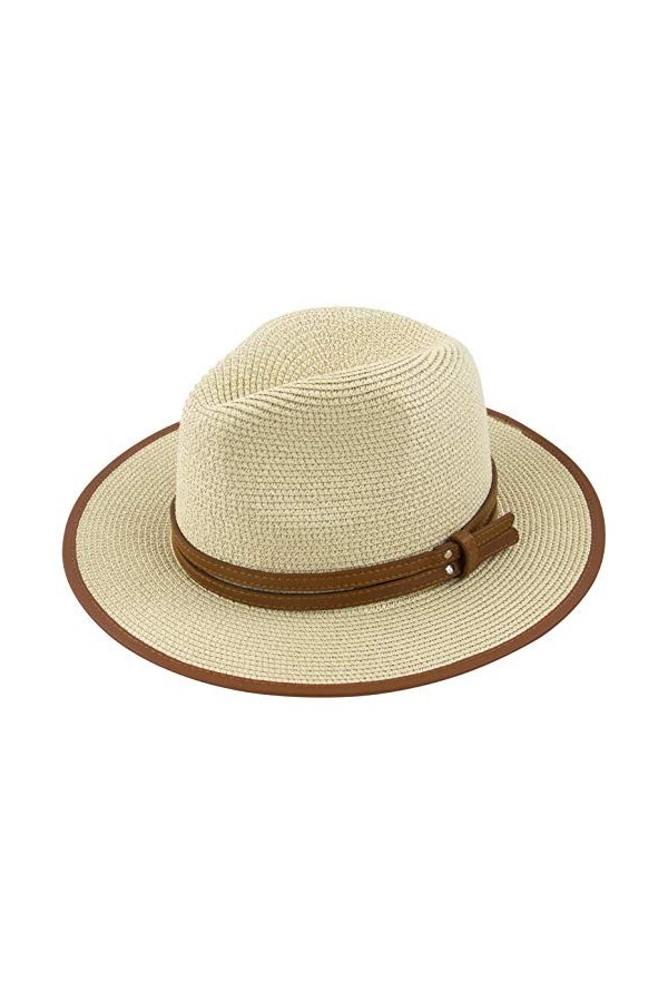 Muryobao Chapeau de paille Panama pliable Fedora pour femme à large bord UPF50+ - beige - Taille unique